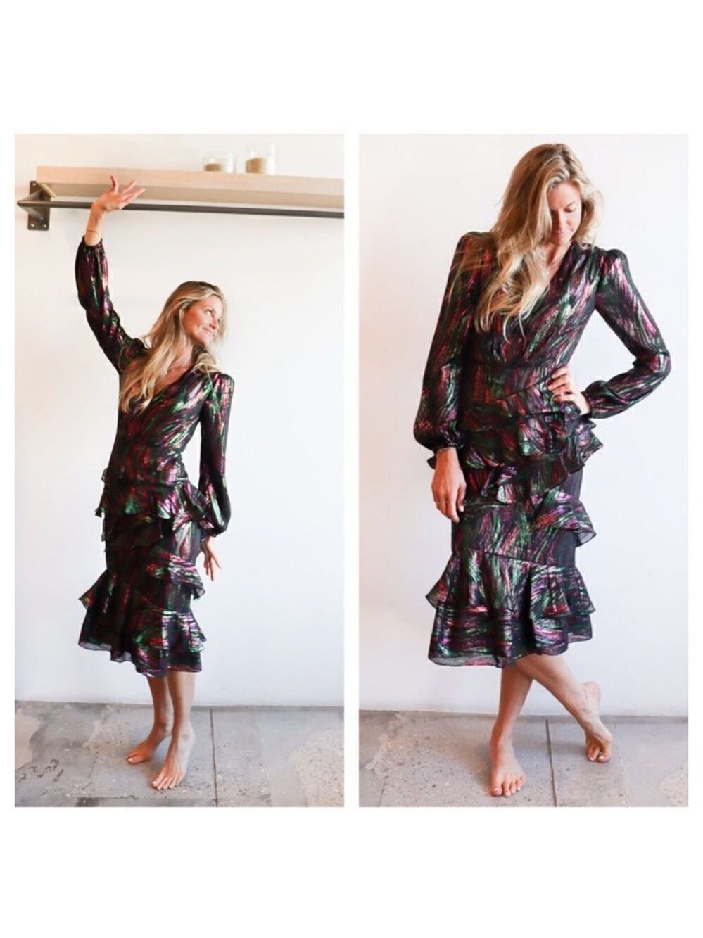 NEW Saloni Alya Black Rainbow Oilspill Silk Metallic Midi Dress Size 4 - Picture 2 of 16